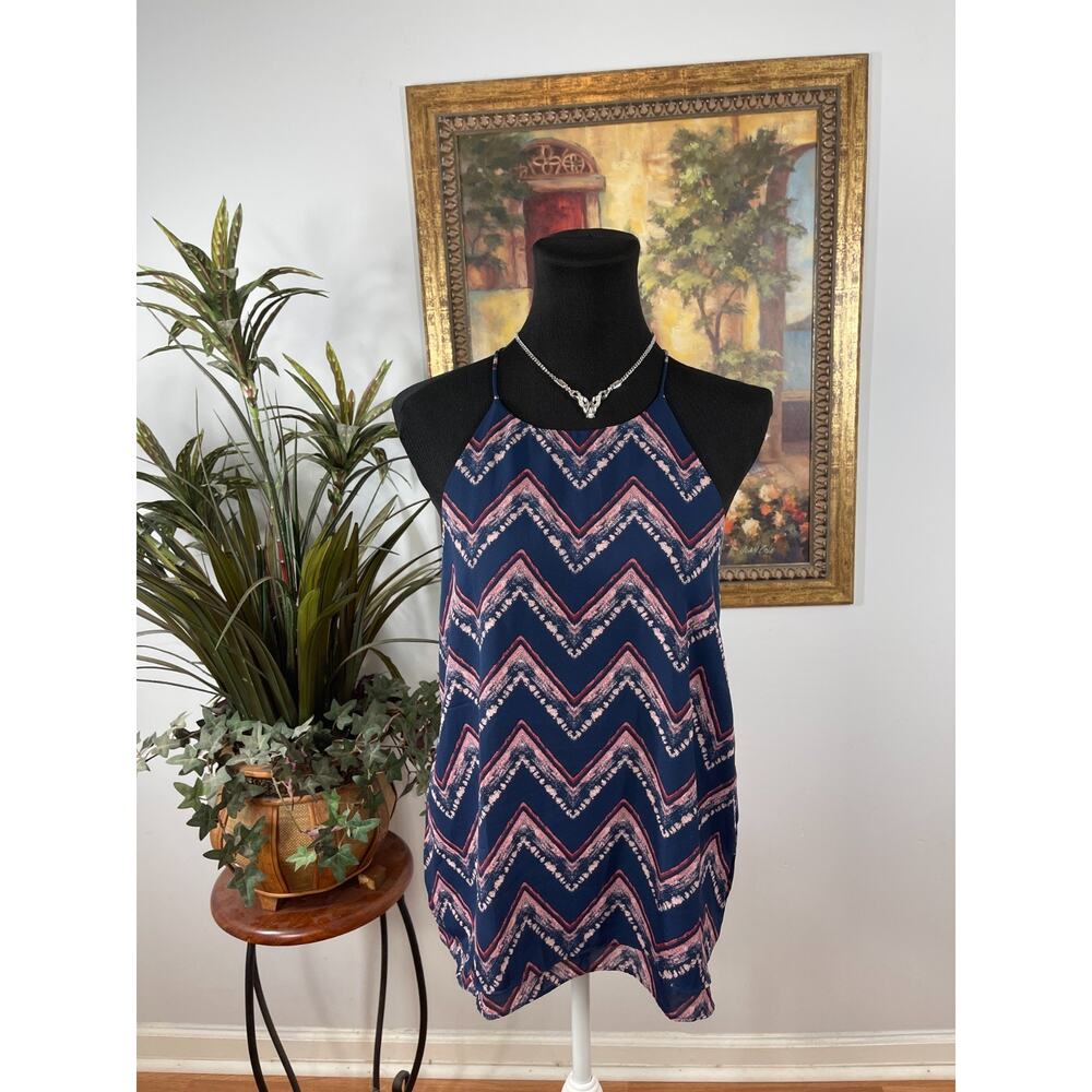 Paper Crane 10 Halter Top Womens Navy Pink Chevron Spaghetti Strap Modern Boho